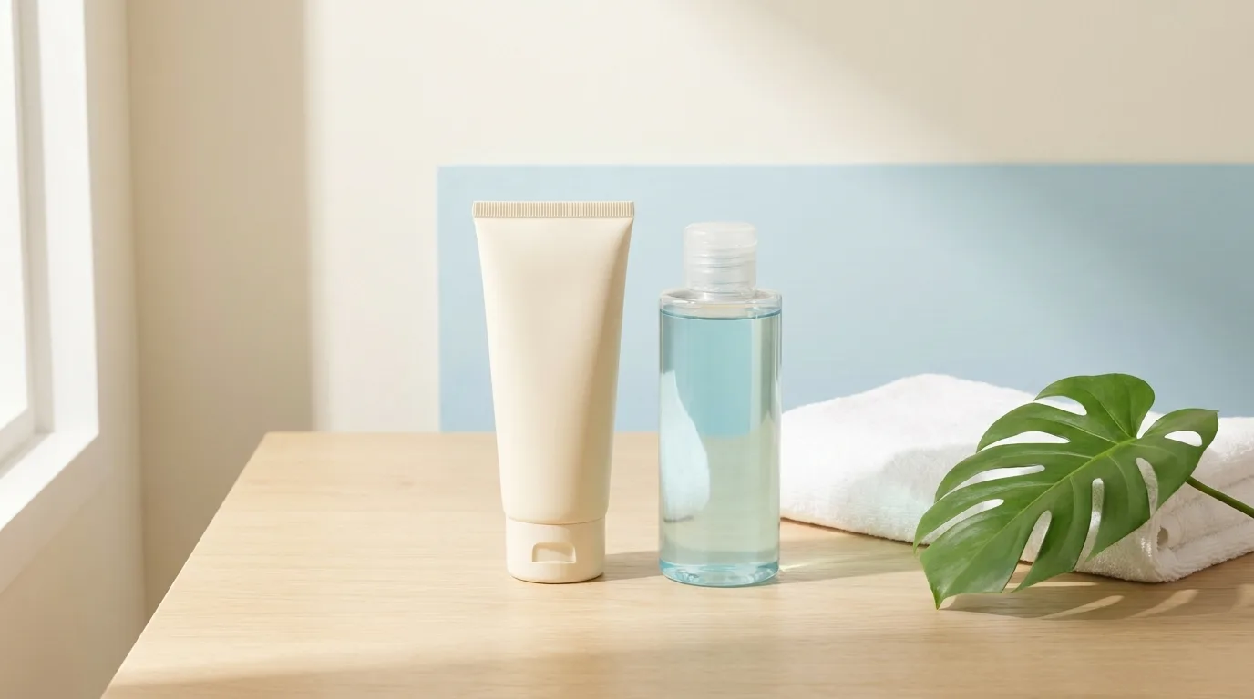 Flat-lay de tubo de protetor solar fluido, limpador facial e toalha sobre mesa clara