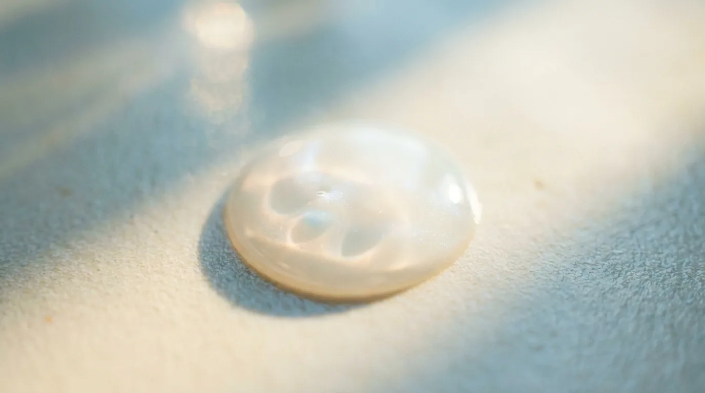 Macro de gota de protetor solar fluido sobre superfície clara