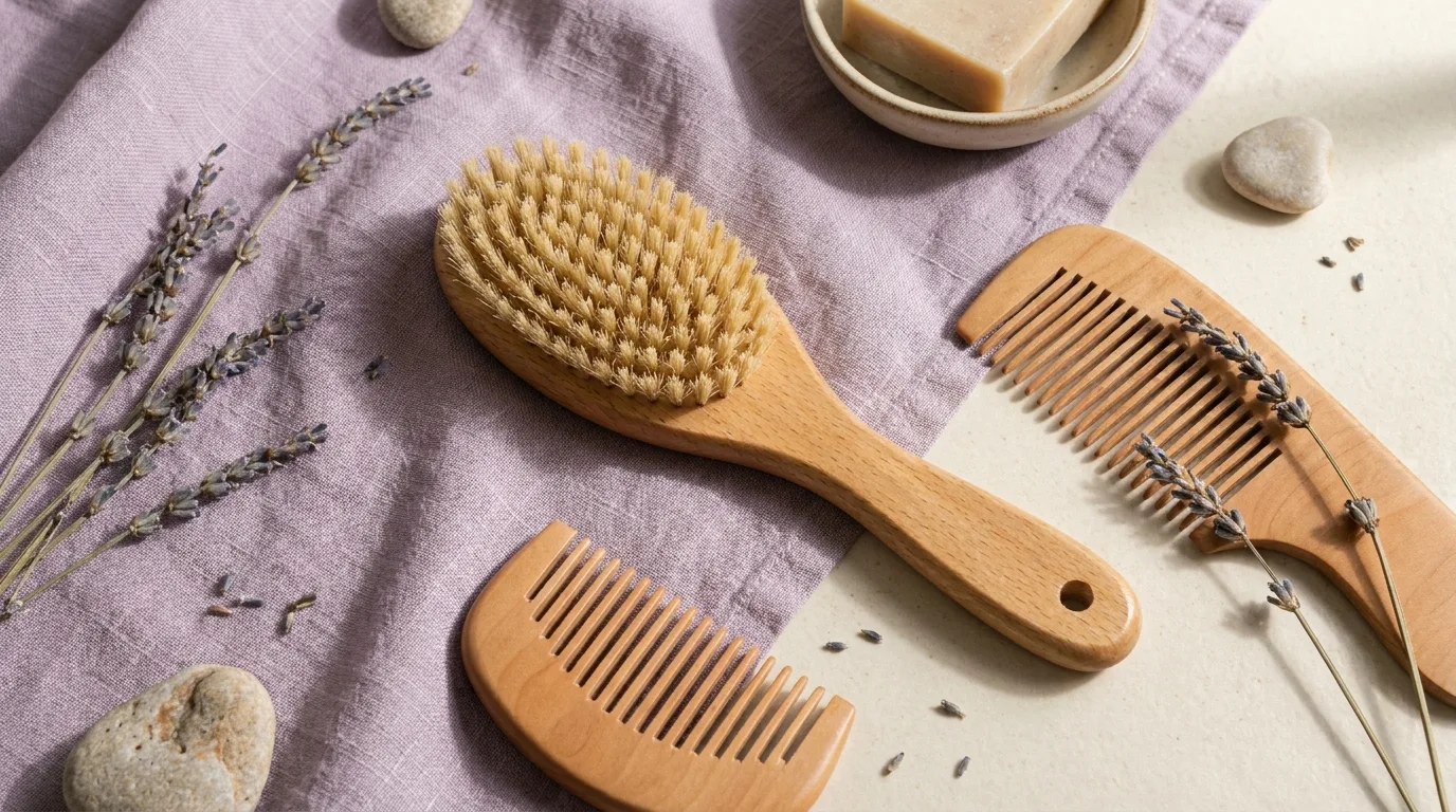 Flat-lay de escova de madeira, pente e tecido de linho sobre superfície creme com acento lilás
