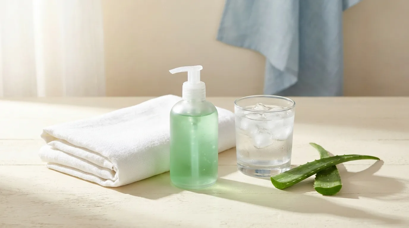 Flat-lay de gel hidratante liso, toalha dobrada, copo de água e folhas de aloe