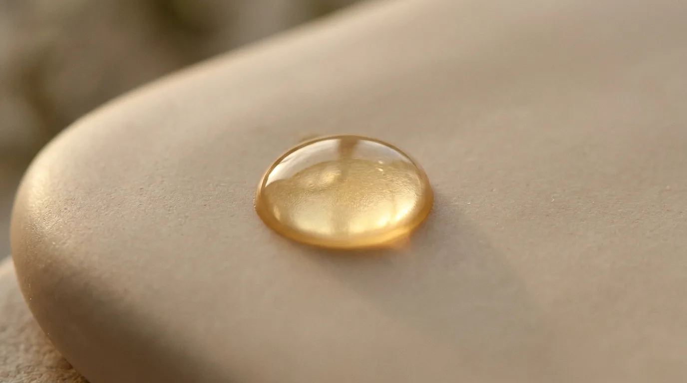 Macro de gota dourada de sérum sobre superfície lisa em tons de bege