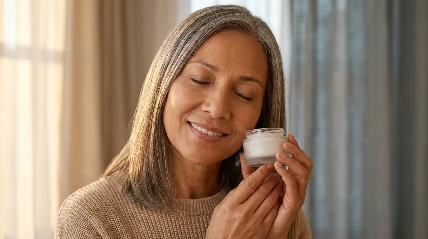Mulher de pele delicada segurando pote de creme junto ao rosto em luz dourada suave