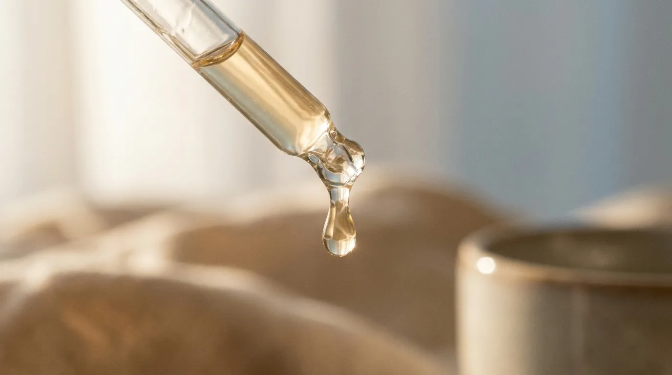 Macro de gota de sérum dourado na ponta de conta-gotas de vidro