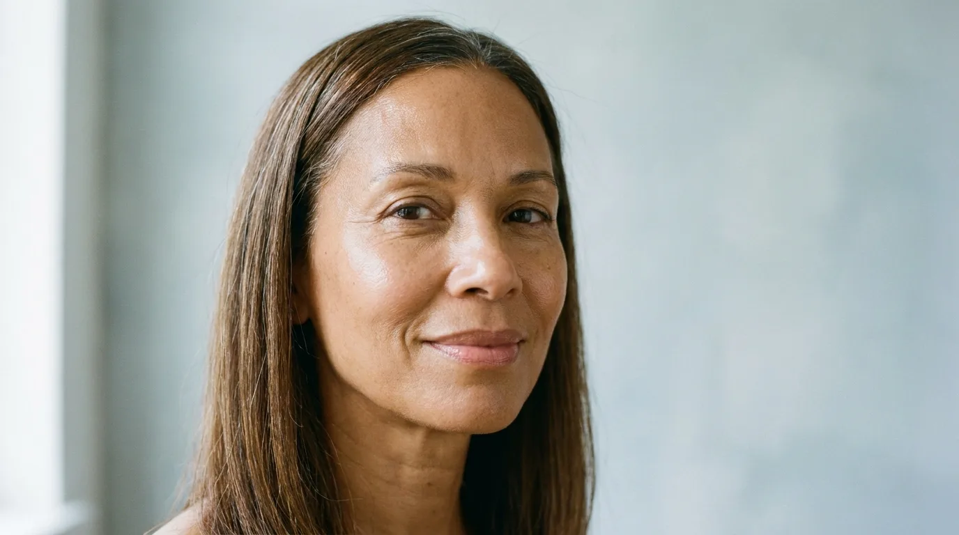 Mulher parda de meia-idade com pele hidratada e confortável em luz suave