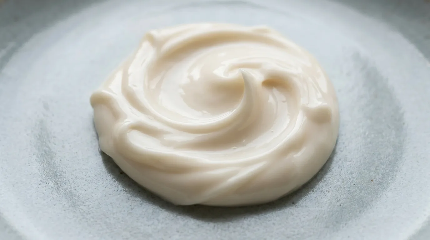 Macro de creme hidratante cremoso sobre superfície azul-acinzentada