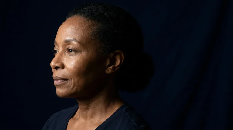 Perfil de mulher negra madura com pele luminosa e rugas finas em fundo índigo escuro