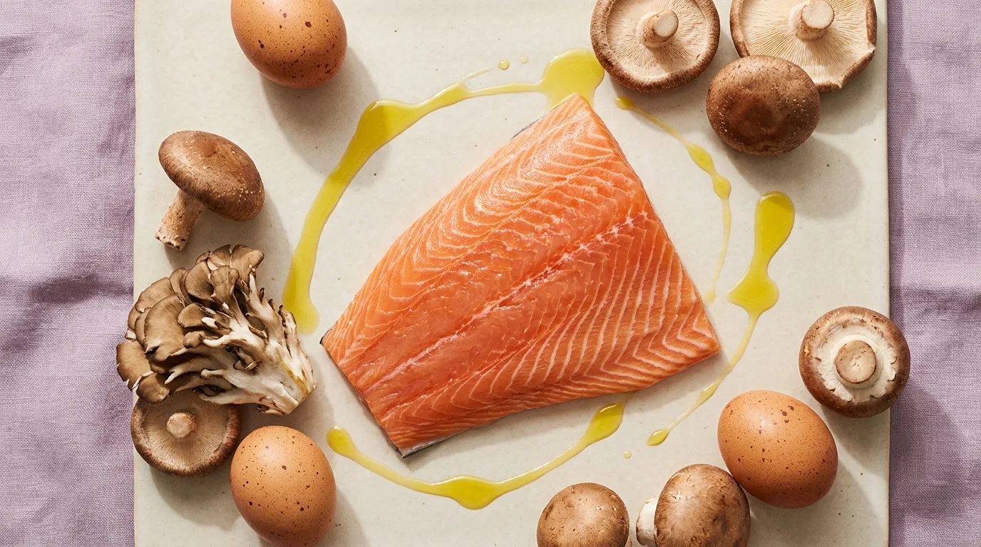 Flat-lay de cogumelos, ovos e filé de peixe cru sobre superfície creme com acento lilás