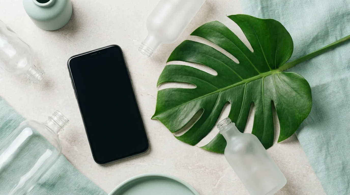 Flat-lay de smartphone desligado, frascos lisos e folha em tons verde-água