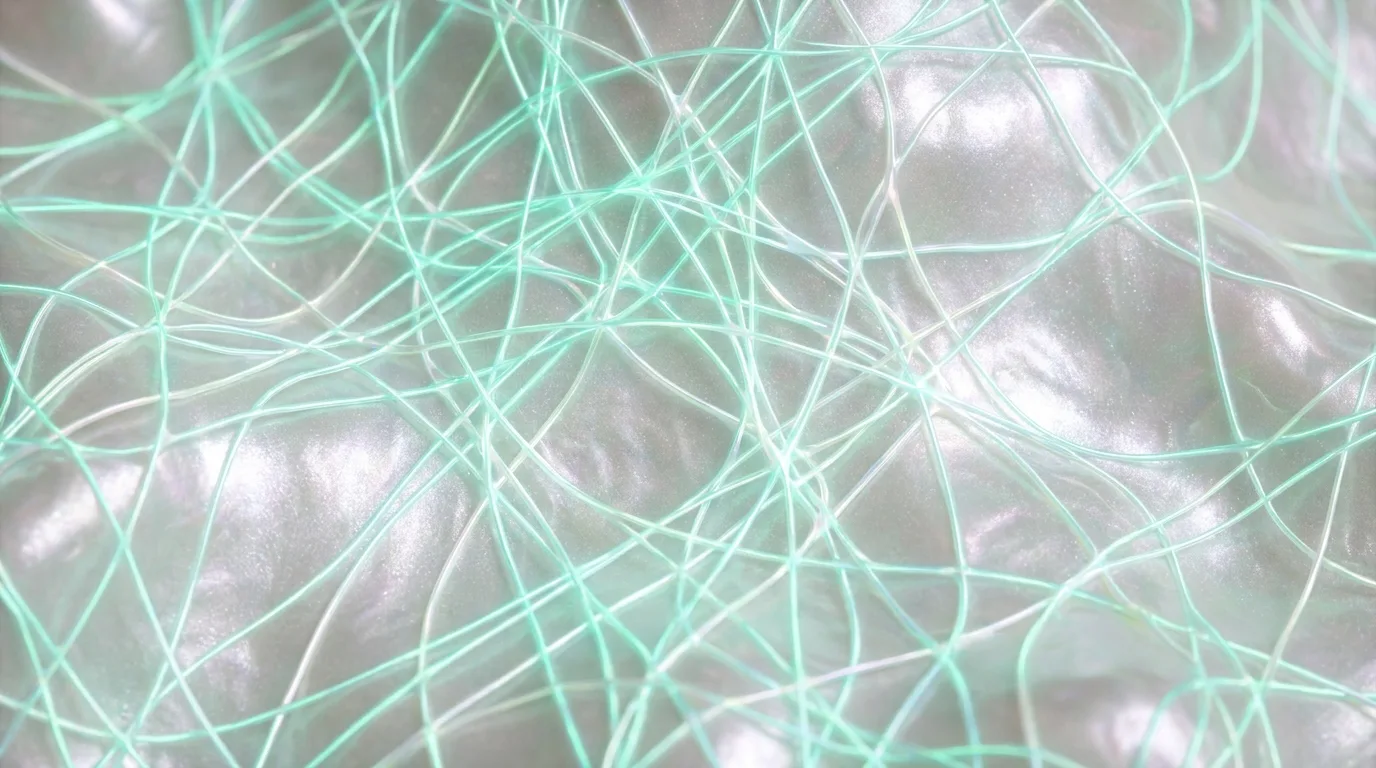 Macro conceitual de malha delicada de linhas de luz sobre superfície perolada