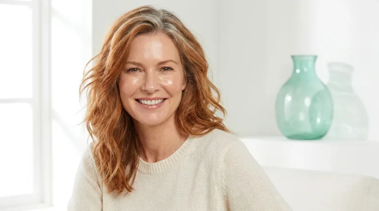 Mulher madura de pele luminosa e cabelo acobreado em luz suave
