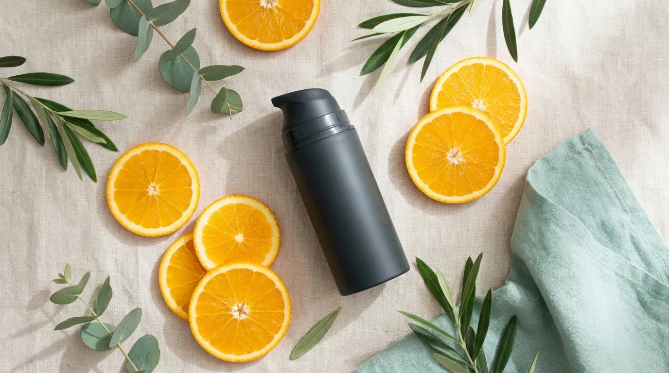 Flat-lay de frasco opaco com bomba, laranjas fatiadas e folhas